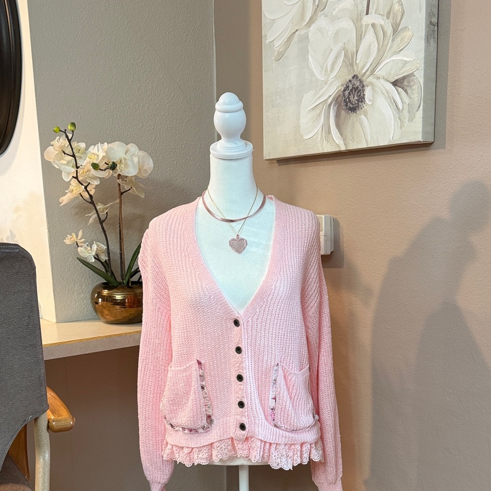 POL Pink V-Neck Cardigan with Lace Trim